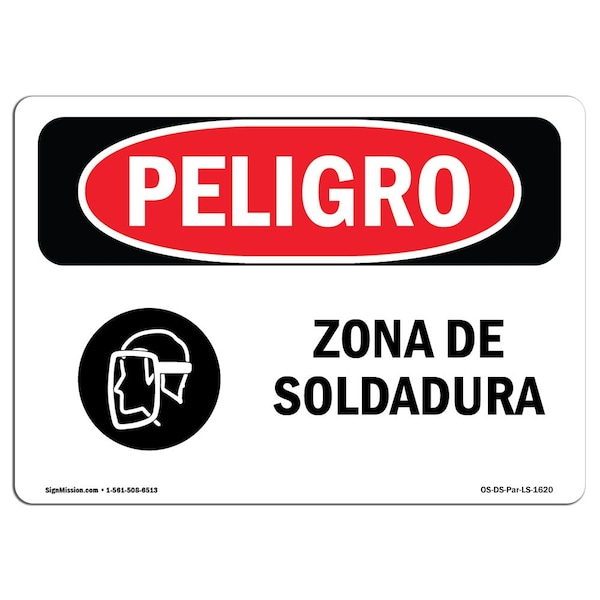 OSHA Sign, Welding Area Spanish, 18in X 12in Rigid Plastic, 18" W, 12" H, Welding Area Spanish